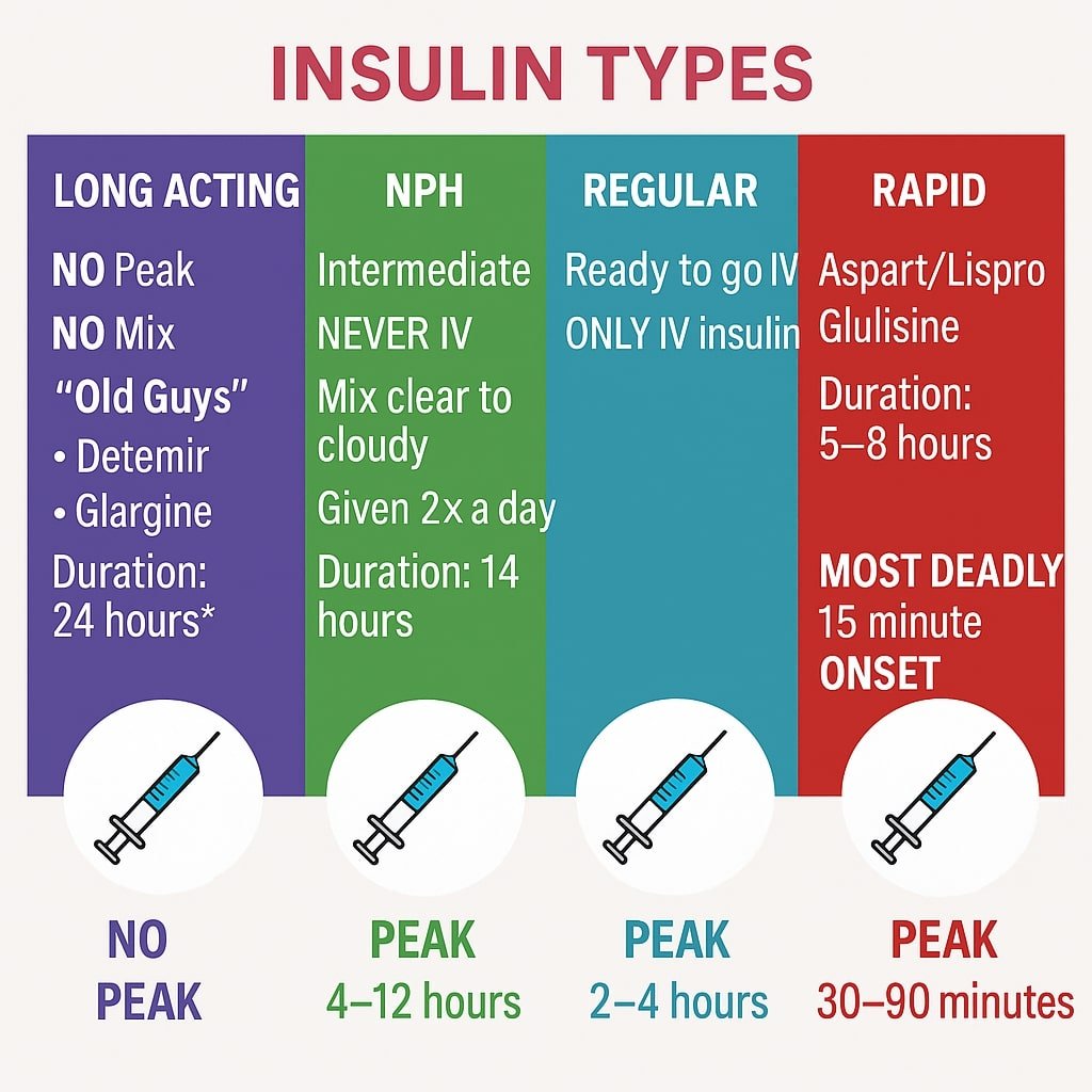 Insulin Types Chart – Long Acting, NPH, Regular & Rapid (Duration, Peak & Onset Guide)